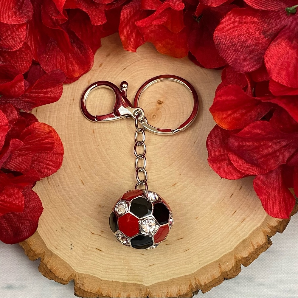 Red Black & Crystal Soccer Ball Keychain
